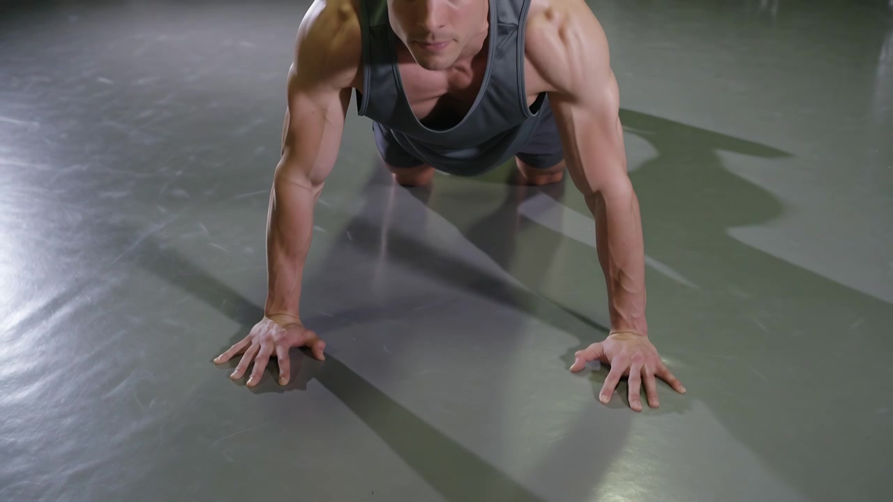 Un uomo in canottiera e pantaloncini inizia un piegamento basso su un pavimento grigio riflettente, eseguendo ripetizioni per il fitness