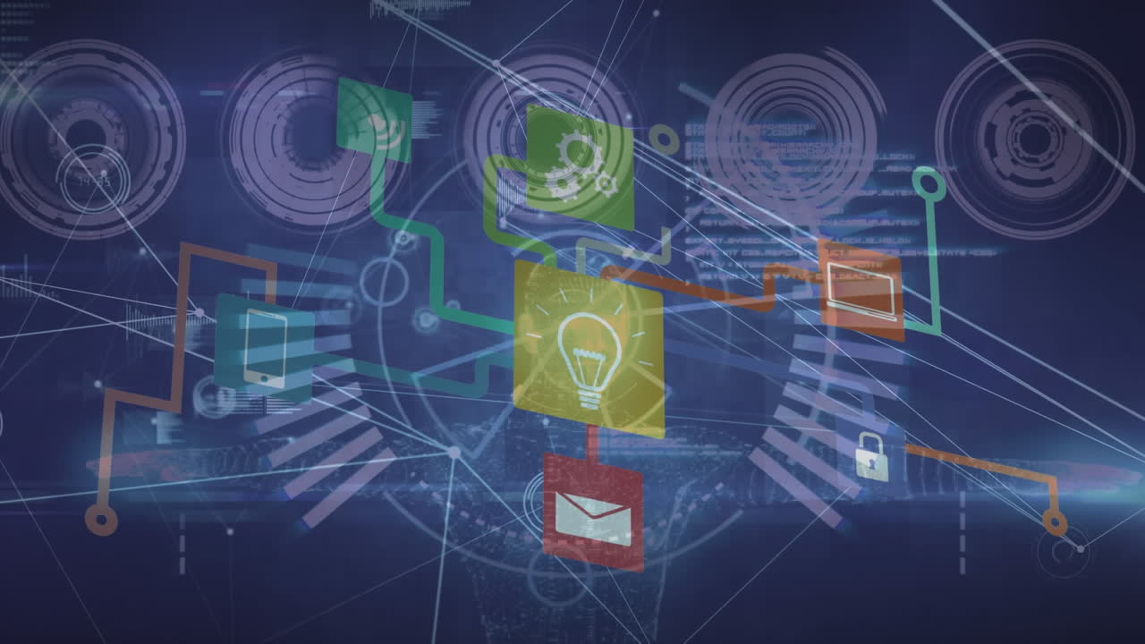 animación de conexiones con iconos y procesamiento de datos.