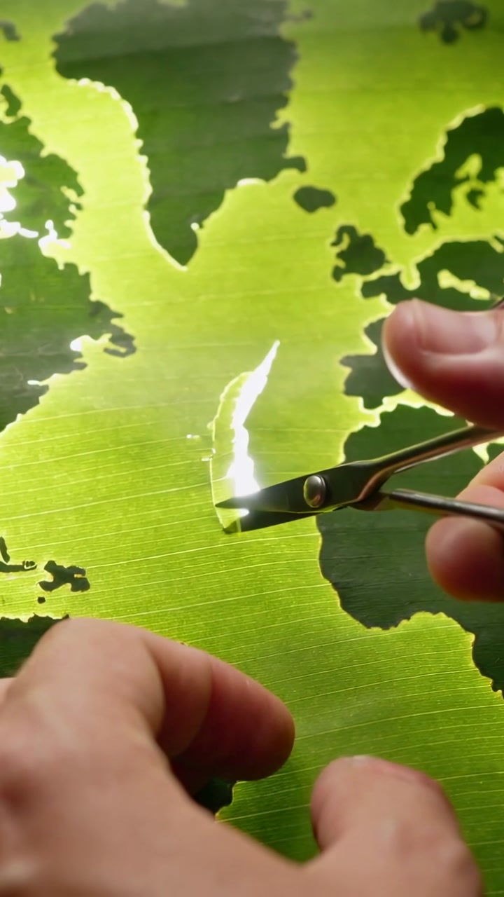 Vertical video: Placing precision scissors, hands cutting green map sheet on bench, removing strip