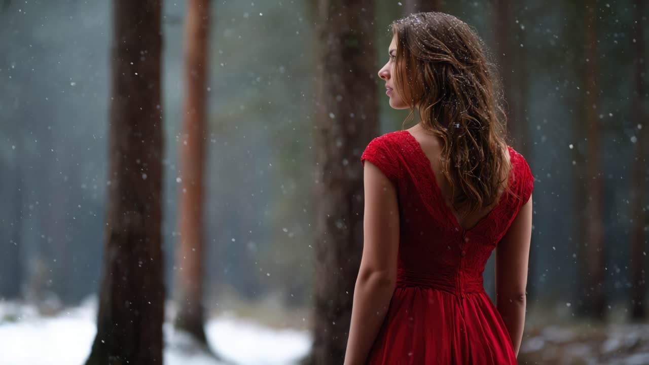 Eine Frau in einem roten Kleid steht inmitten verschneiter Kiefern und genießt die Ruhe der Natur, während Schneeflocken sanft um sie herum im verwunschenen Wald fallen.