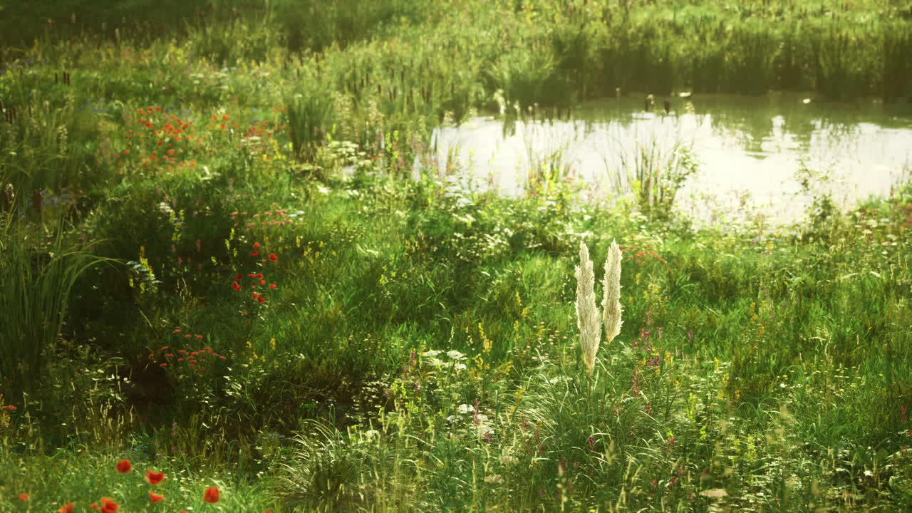 Standing white spike of bloom near calm pond amid rich meadow landscape