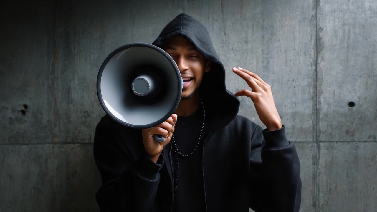 Expressiver Aktivismus: Eine Figur kommuniziert kraftvoll durch ein Megafon und verbindet so Menschen und Leidenschaft im urbanen Umfeld.