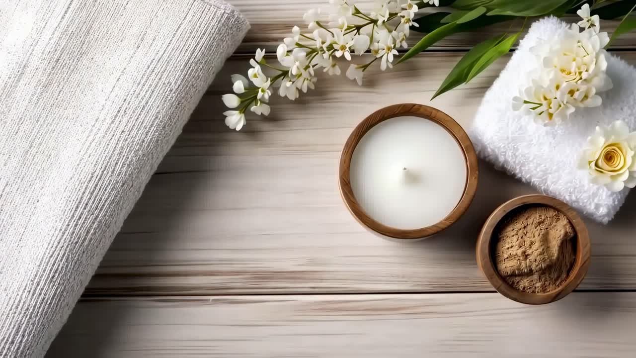 Ahşap yüzey üzerinde spa malzemelerinin (havlu, mum, çiçekler ve peeling) yukarıdan görünümü