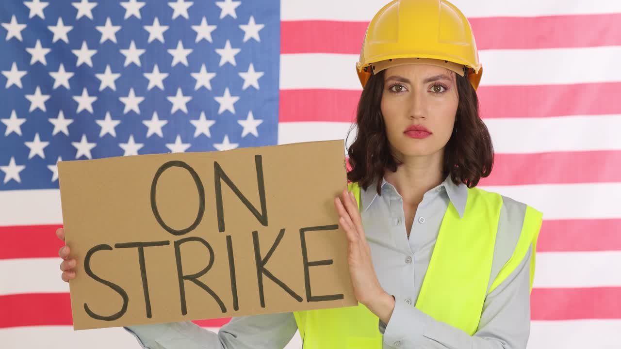 Frau mit Hut hält ein 'Streik'-Schild vor einer amerikanischen Flagge