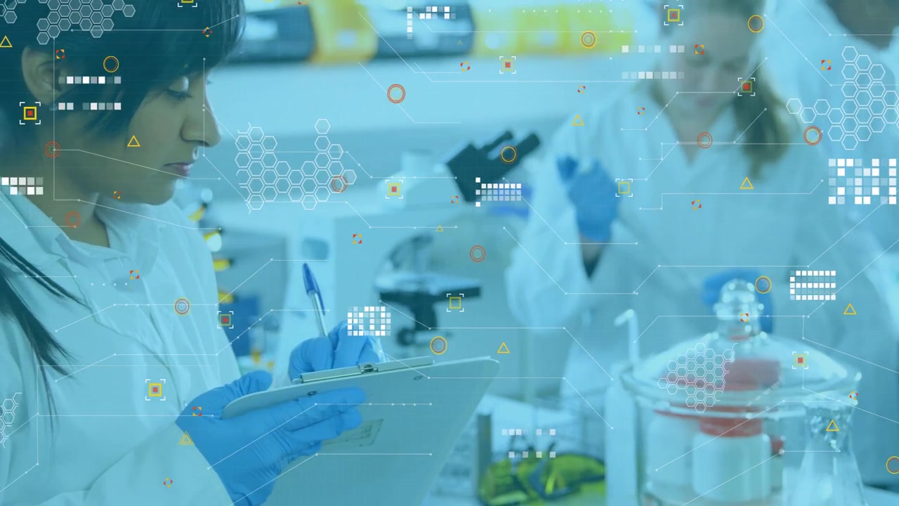 Laboratory scientist pipetting sample and initiating overlays as peer writing research observations