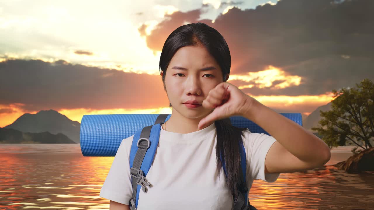 Close Up Of Asian Female Hiker With Mountaineering Backpack Showing Thumbs Down Gesture At A Lake