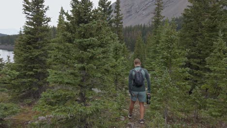 Hiker-on-trail-in-forest-to-mountain-pan-tilt-Rockies-Kananaskis-Alberta-Canada