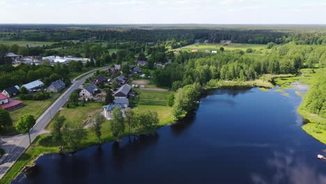 tranquil summer drone shot showing viešvilė village with lake and greenery, 4k