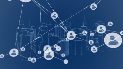 animación de la red de conexiones con iconos sobre el paisaje urbano