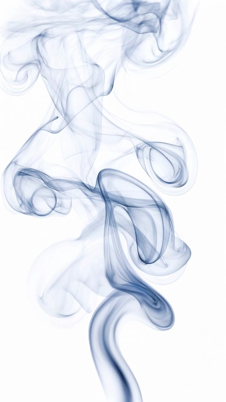 Soft blue vapor-like strands drift, fold, and overlap as darker curved plumes rise through pale transparent swirls, creating delicate layered motion in a clean white vertical frame.