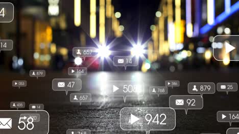 Animation-of-social-media-icons-and-numbers-over-out-of-focus-city-and-road-traffic-lights