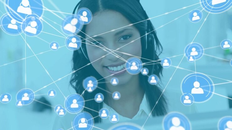 Animazione di rete di connessioni con icone su donna d'affari che usa auricolare telefonico.