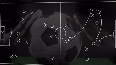Animation-of-illustration-of-strategy-of-soccer-game-over-black-sneakers-around-soccer-ball-in-field