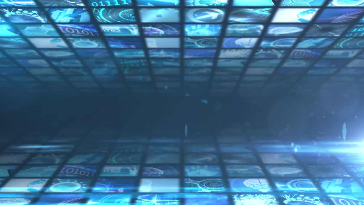 animación de filas de pantallas con procesamiento de datos sobre fondo azul