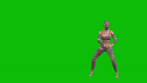 3d female character, woman dressed with mummy bandages dancing thriller style on green screen, loop 3d animation,