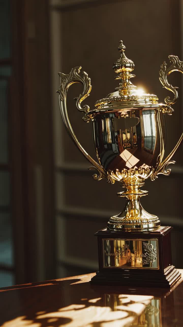 A golden trophy on a wooden table, captured in soft focus with a low-angle shot