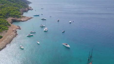 Toma-De-Drones-Ascendentes-De-Yates-Y-Catamaranes-Amarrados-En-Una-Hermosa-Bahía-Con-Muchos-árboles-Verdes