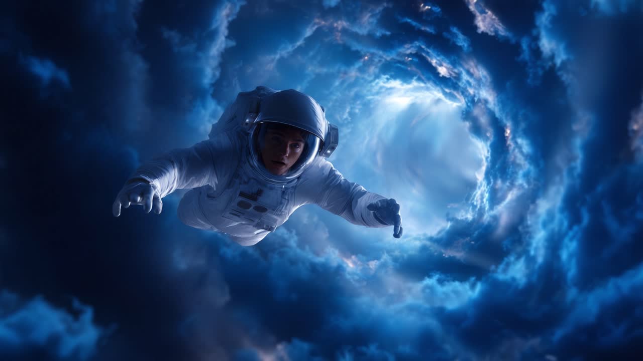 Astronaute flottant à travers un portail cosmique époustouflant, entouré de nuages bleus vifs et d'une lumière mystique émanant du centre de l'univers.