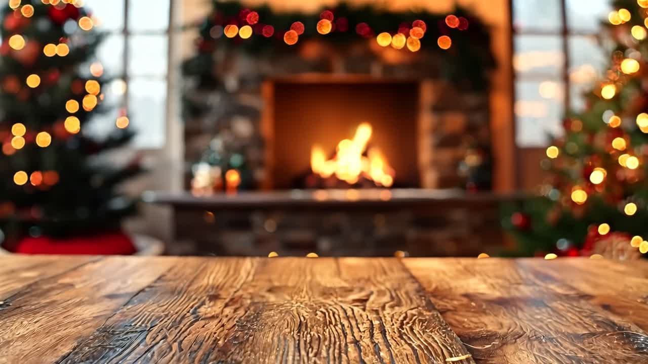 A fireplace with a fire burning in it. The fire is orange and yellow. The room is decorated with Christmas lights