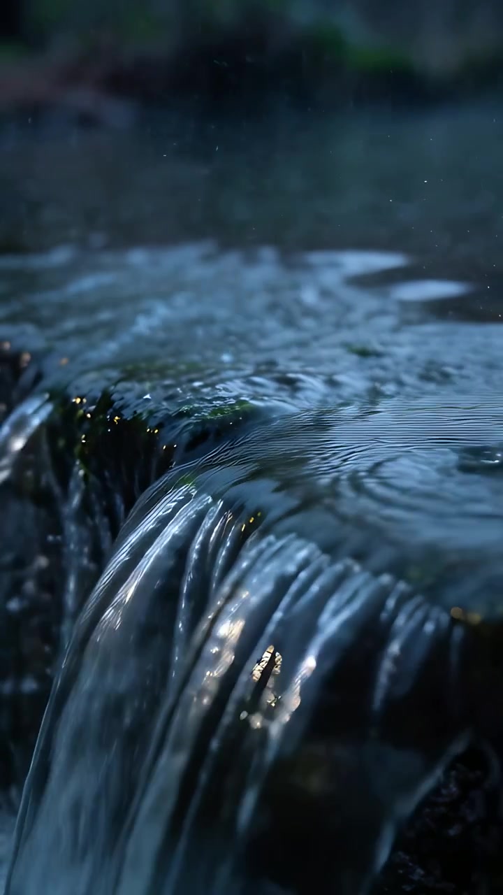 Video verticale: Piccola cascata che scorre e scivola su un bordo di pietra in un ruscello, con gocce di pioggia che creano increspature
