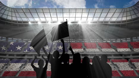 animation of silhouettes of sports fans cheering with american flag over sports stadium