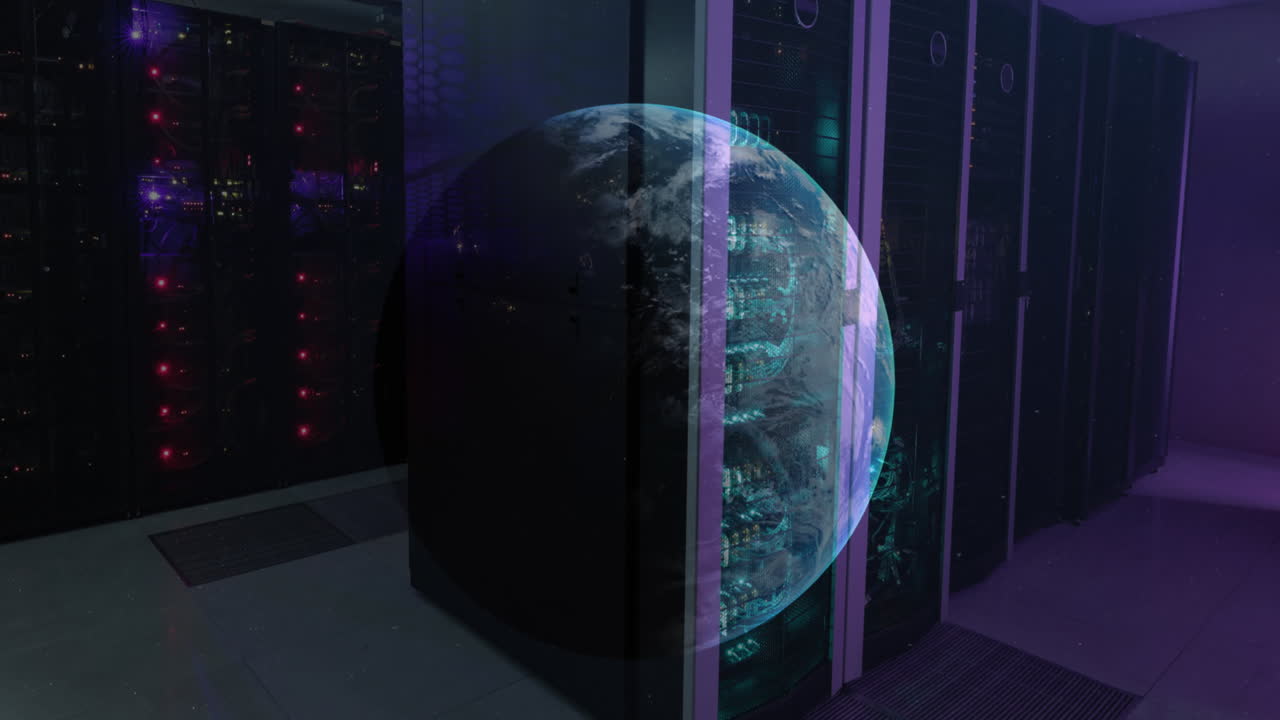 Animation of a globe against computer server room