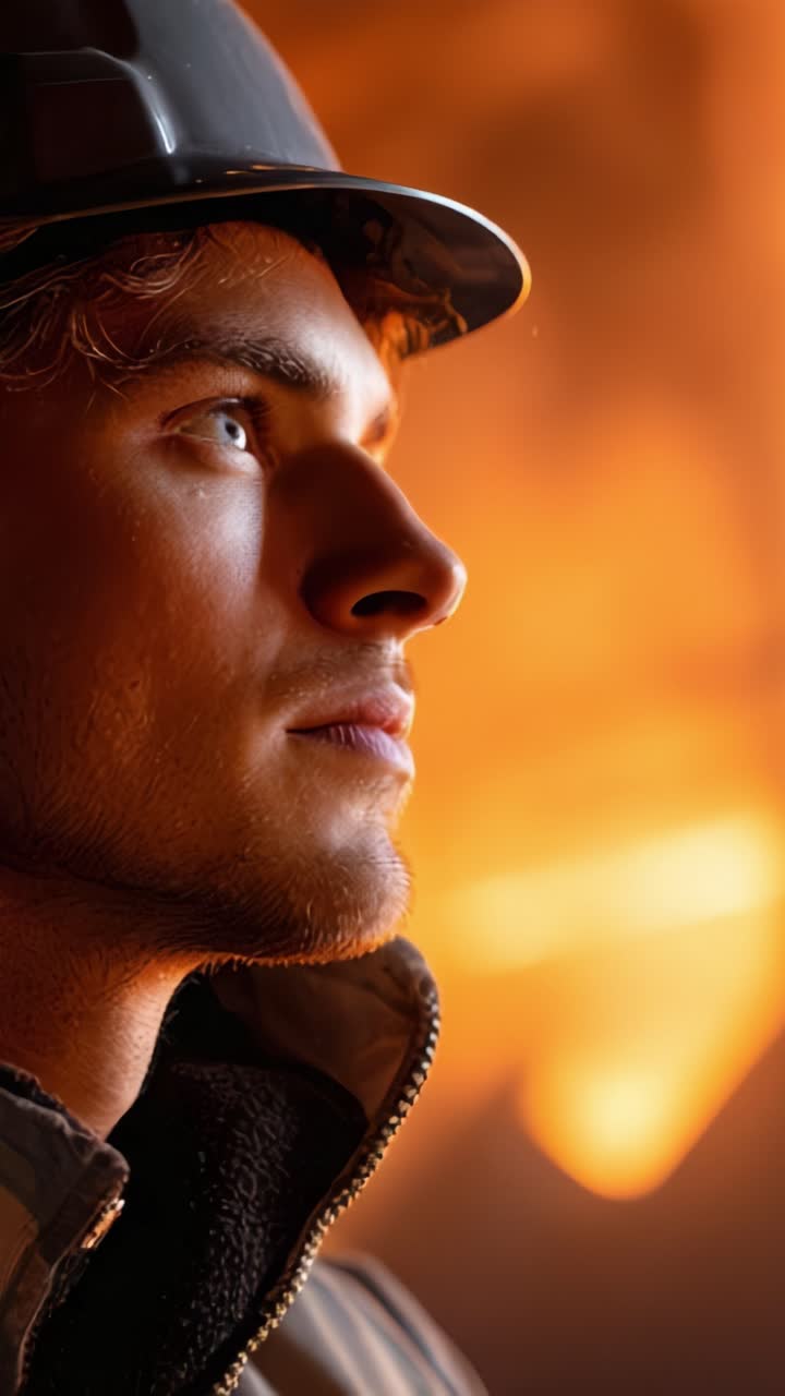 A Profile View of a Determined Worker in a Hard Hat Against a Warm, Fiery Background, Symbolizing Safety and Dedication in Challenging Environments