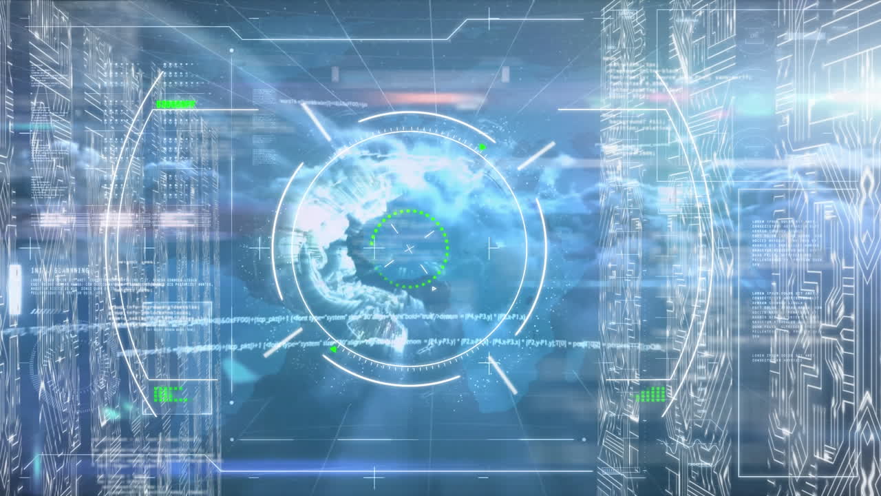 하늘에서 움직이는 구름과 함께 지구와 정보를 보여주는 디지털 인터페이스의 애니메이션