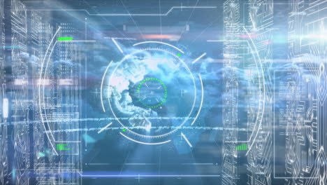 animation of digital interface showing globe and information with moving clouds in sky