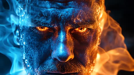 intense portrait of a man with fiery and icy effects at night