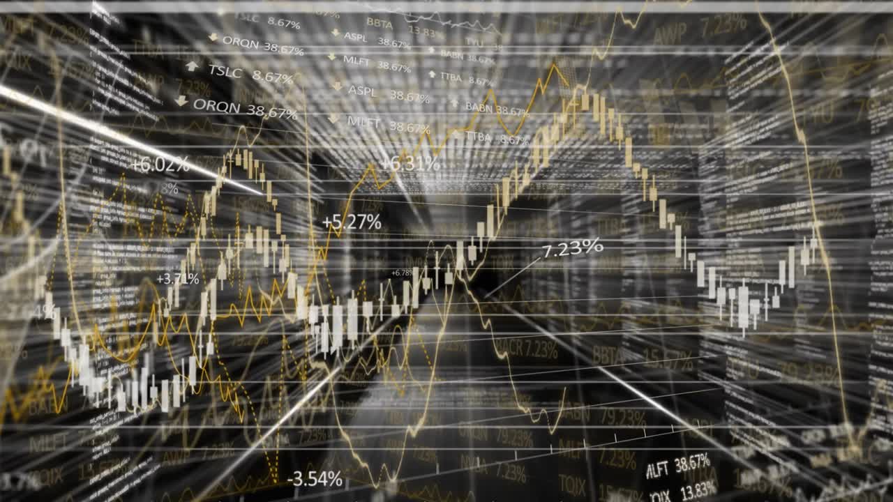 Animazione di elaborazione di dati finanziari e numeri in crescita su sfondo nero