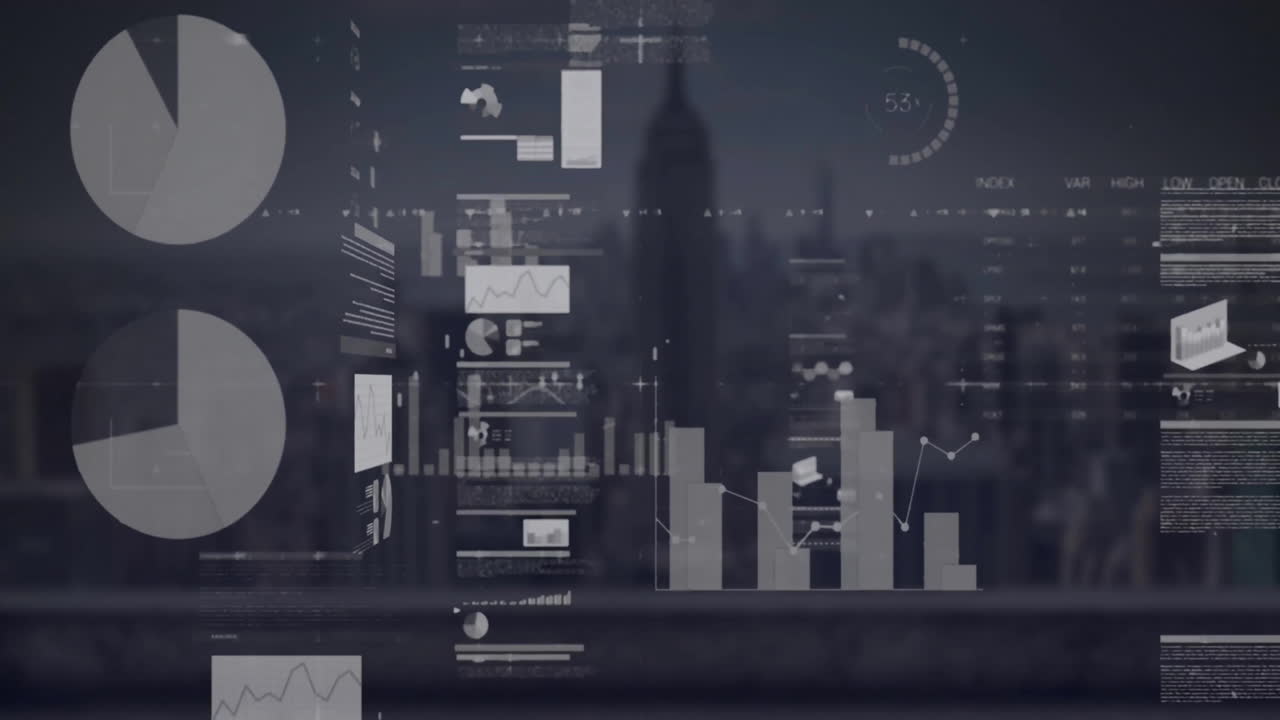 Animation of statistics and financial data processing over cityscape