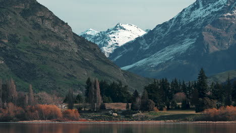 Panorama-Of-Forest-With-Snowy-Mountain-In-The-Background-During-Winter-In-Queenstown,-New-Zealand