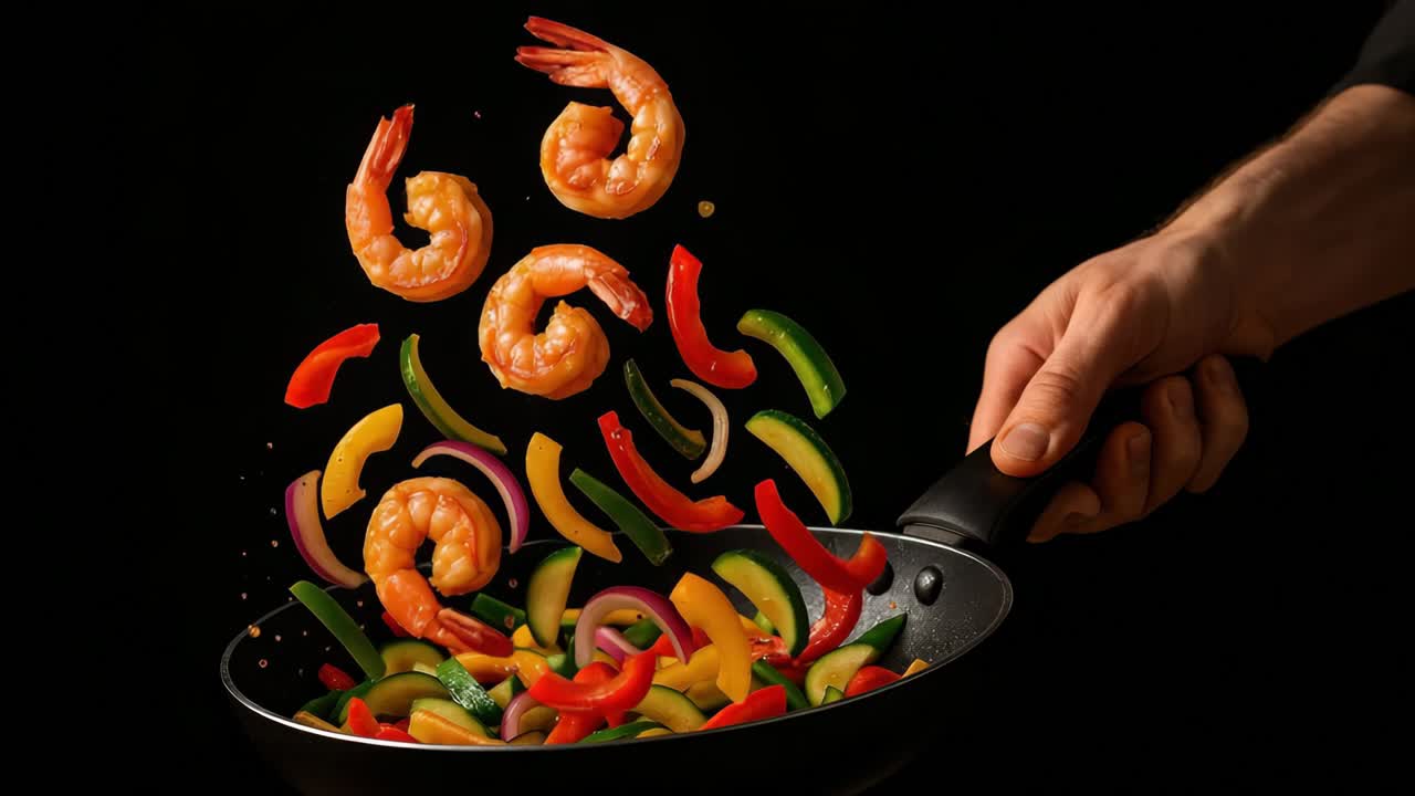 Dynamic video still of shrimp and vegetables tossed in a pan, captured from a side angle