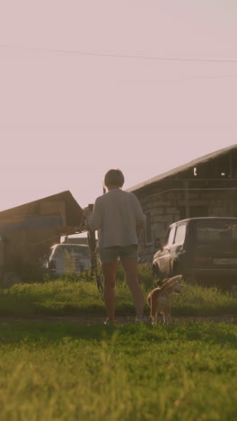 dog owner walking alongside dog on grassy field under bright sunlight, residential buildings and parked cars in background creating warm rural glow, peaceful and leisurely stroll