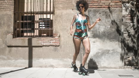 cool roller skating woman dances and skates outside in an urban setting