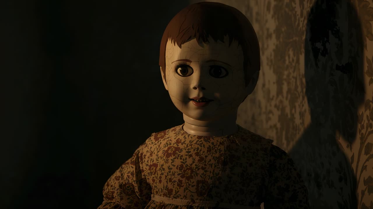 Holding camera capturing antique child's doll against floral wallpaper, showing light shifting
