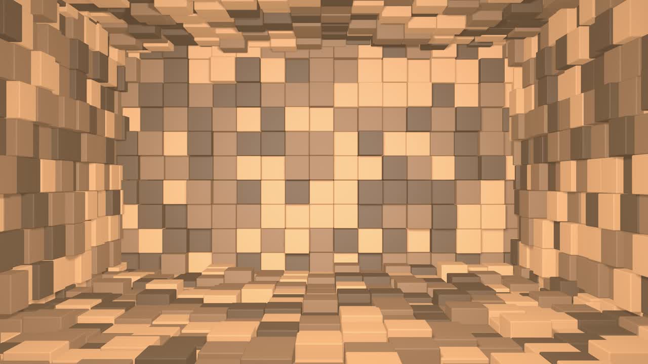 interior de la habitación abstracta con cubos marrones. cubo de caja fondo geométrico aleatorio. fondo de mosaico de píxeles cuadrados. bloques de tierra. maqueta para su proyecto. bucle de animación 3d de 4k
