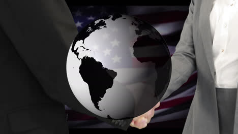 animation of globe over businesswoman handshake