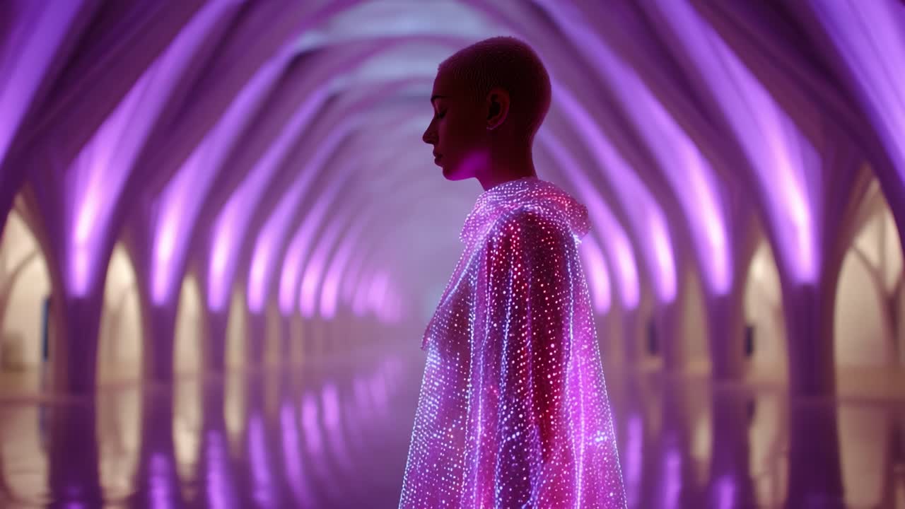 A striking figure stands boldly in a stunning architectural space, adorned in a shimmering garment that captures the ethereal beauty of light, shadow, and design, creating a mesmerizing visual experience