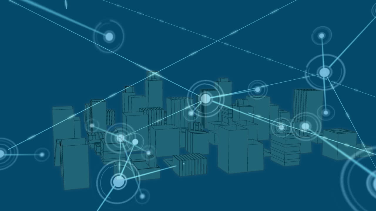 Animation of connected dots and 3d model of modern cityscape over blue background