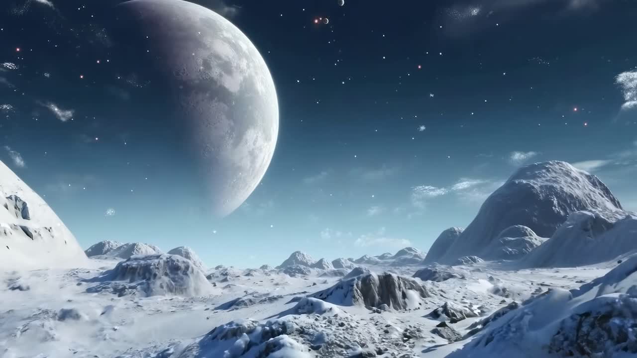 A wide-angle video captures a serene, snowy mountain landscape under a starry sky, with a large moon
