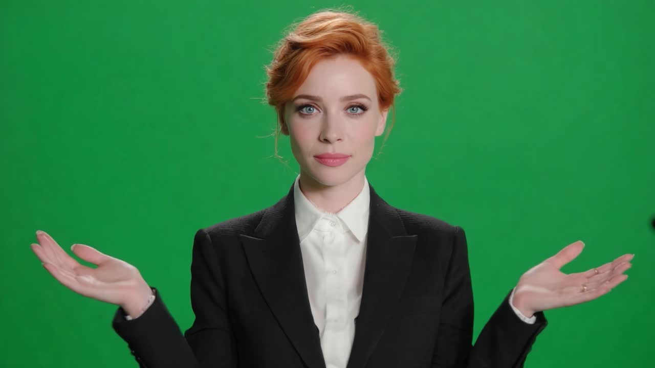A confident individual poses in front of a bright green screen, showcasing a polished look with styled hair and a formal outfit, ready for a creative video shoot