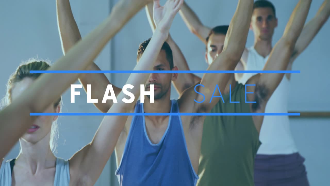 Fitness class holding overhead pose in studio, blue bars sliding over group announcing FLASH SALE