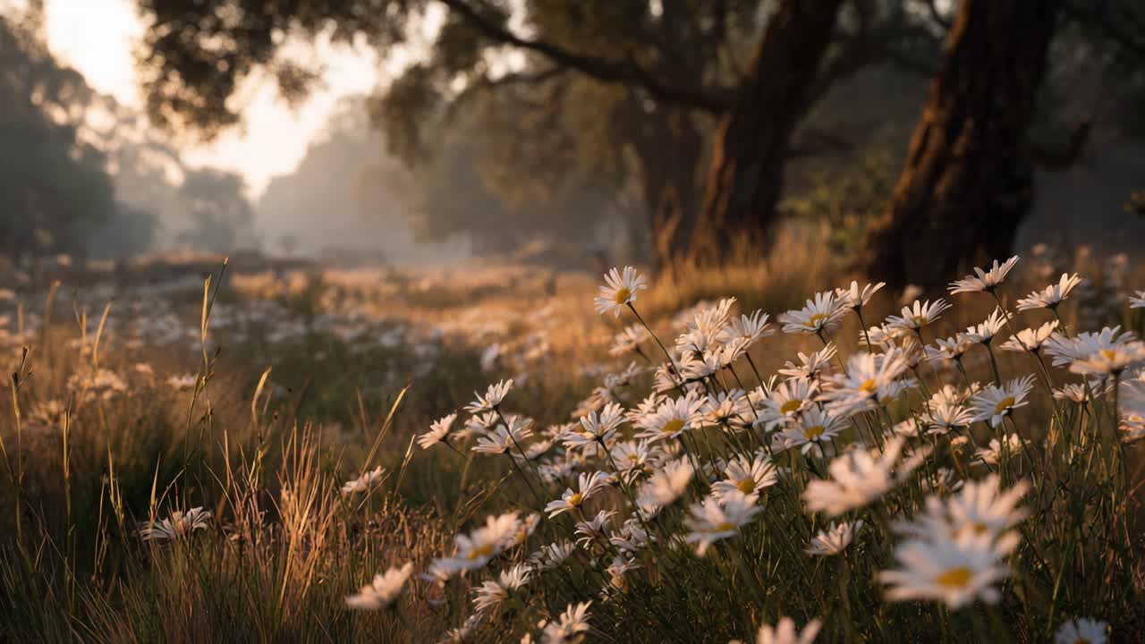 A Serene Morning Landscape Featuring a Blooming Field of Daisies Bathed in Gentle Sunlight, Surrounded by Majestic Trees and Soft Morning Mist