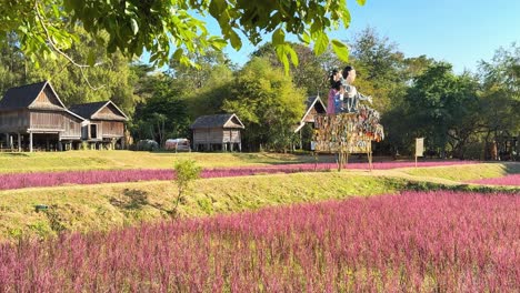 campos coloridos con casas tradicionales tailandesas