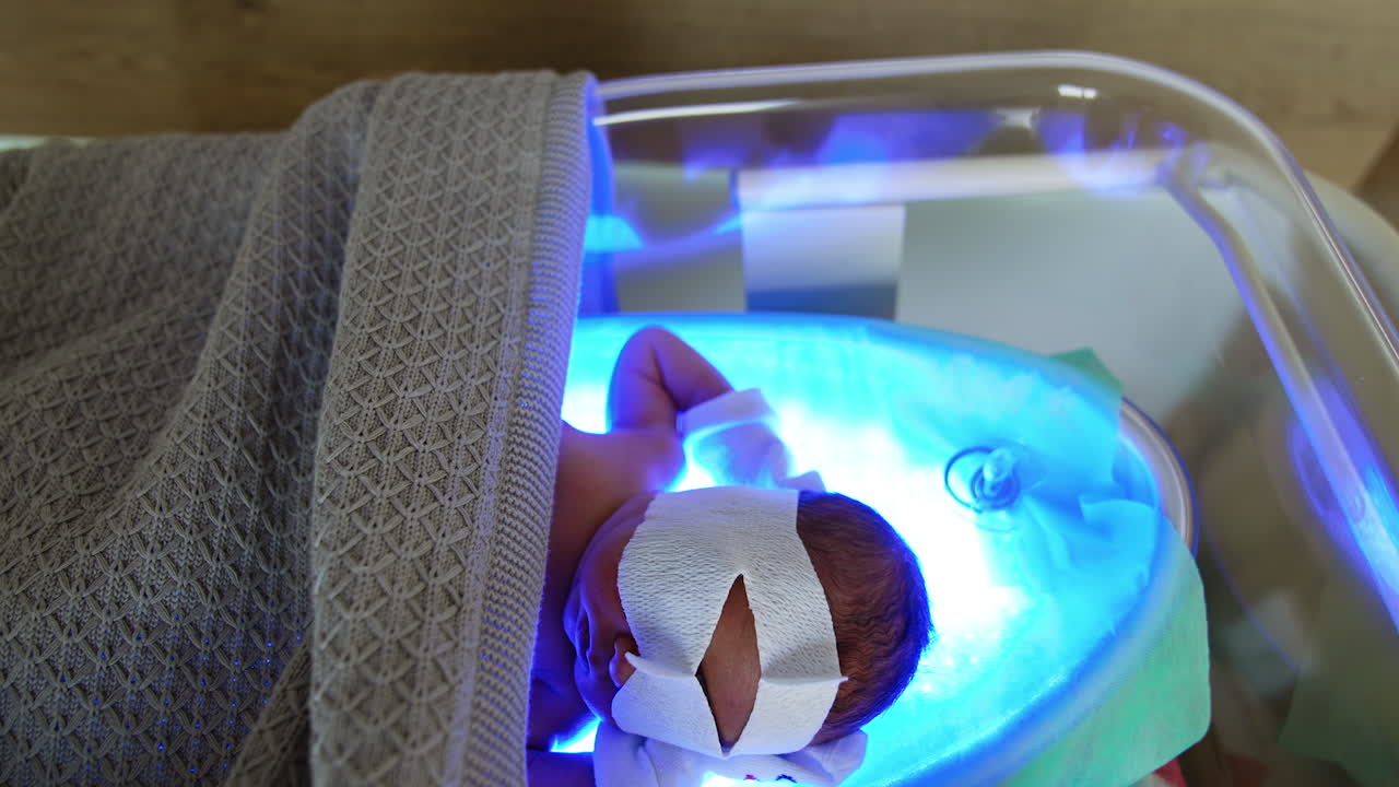 A newborn child lies in the crib with mask on eyes. Newborn baby is undergoing hyperbilirubinemia treatment by phototherapy.