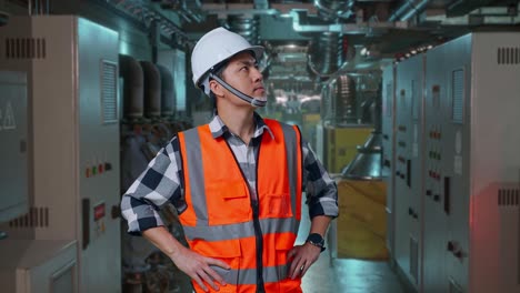 asian male engineer wearing safety helmet looking around while standing with arms akimbo in engine control room, work of electrical generators
