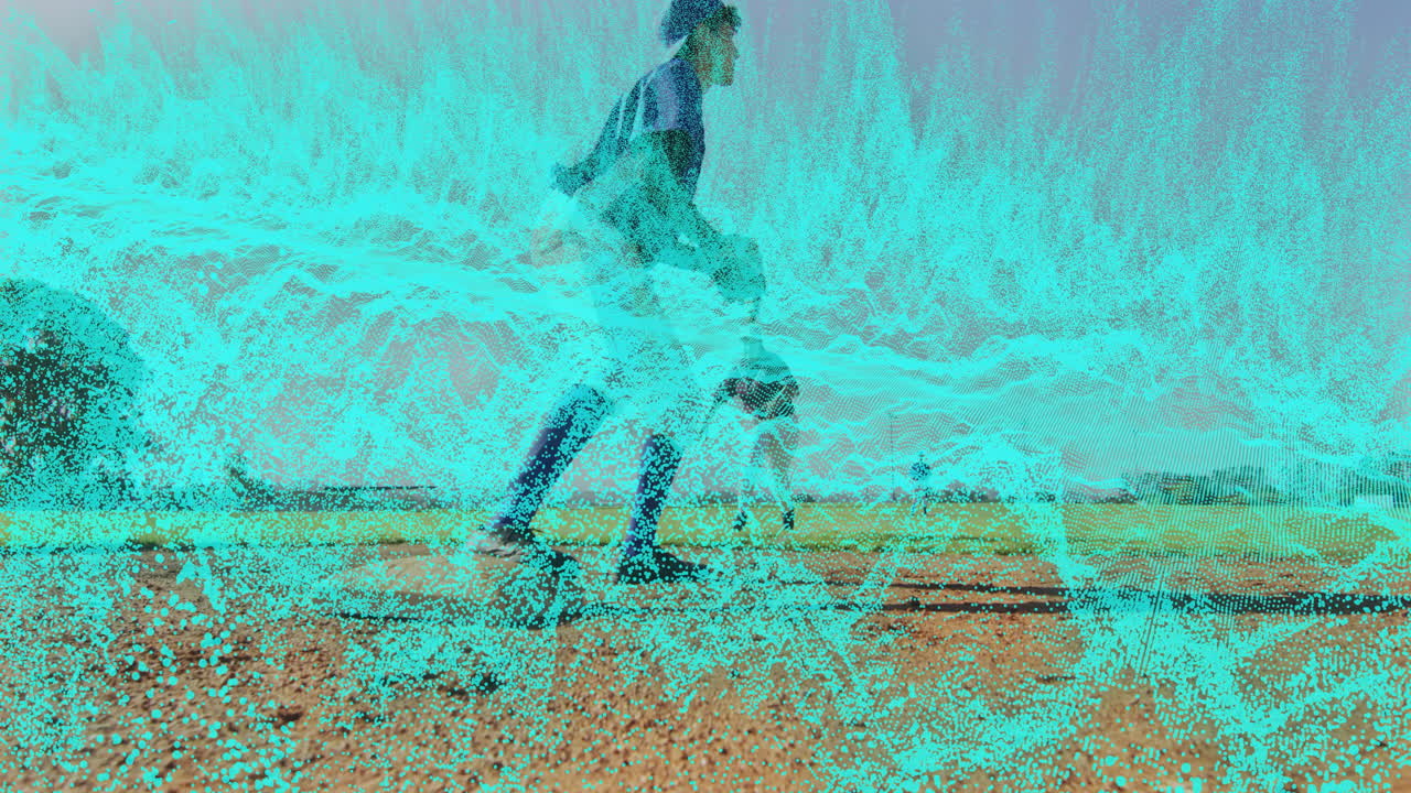 Baseball player sliding into base while fielder reaching for tag, with technology waveforms