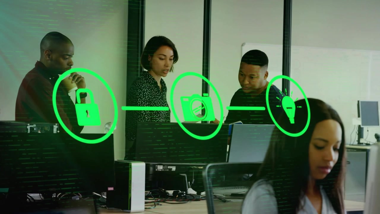 Team watching padlock icon appearing and shifting to folder then lightbulb showing tech workflow